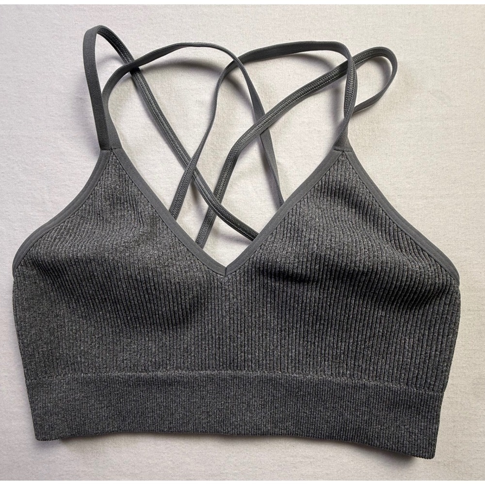 Aerie Real Good Ribbed Strappy Back Sports Bra Gray Marl Medium-2660